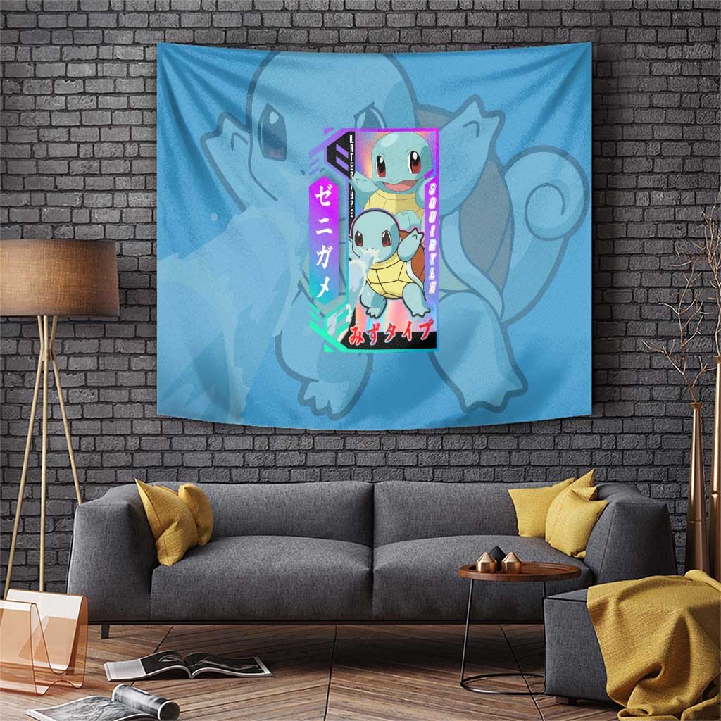 Squirtle Poke Tapestry With Retro Blue And White Bubble Splash Style