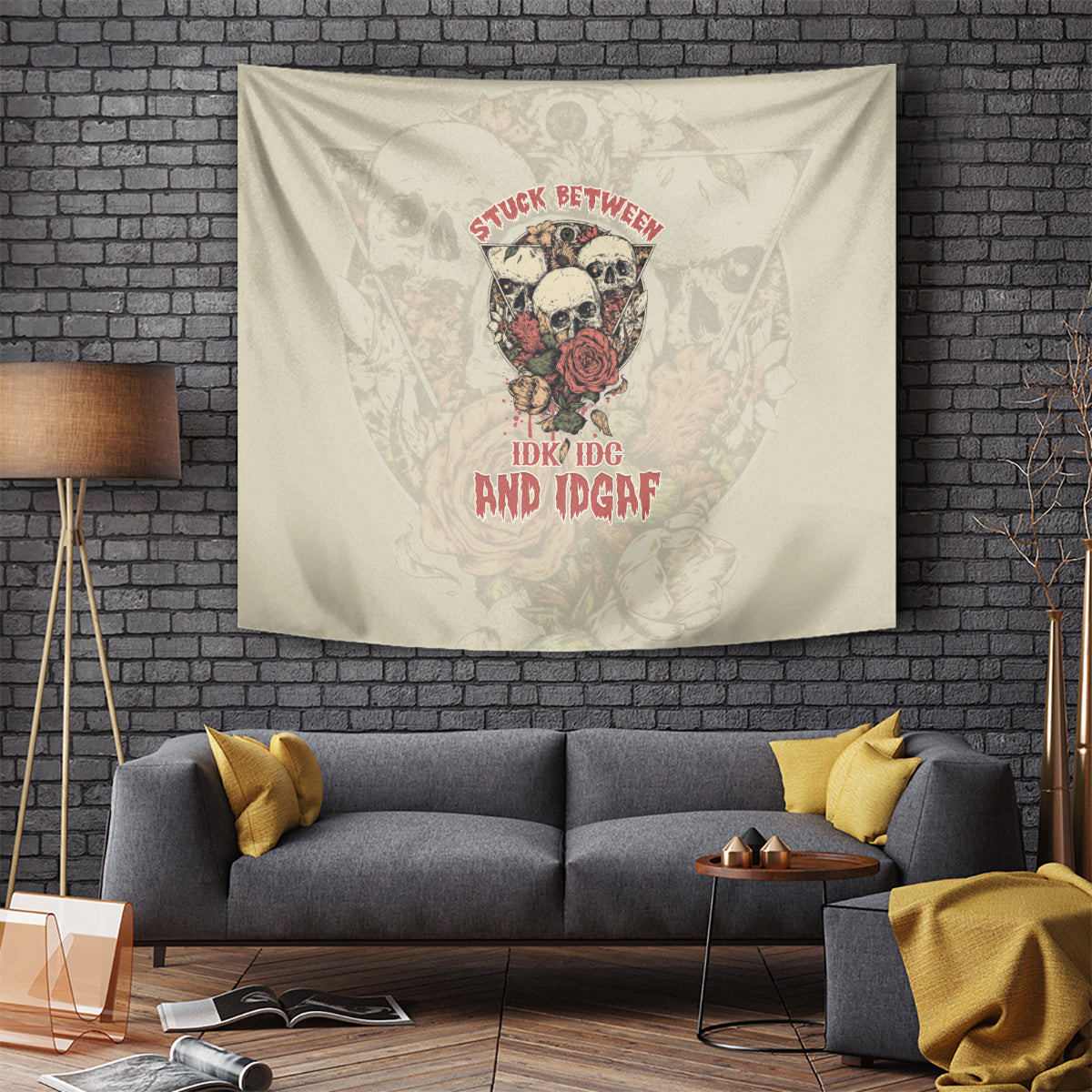 Stuck Between Idk Idc And Idgaf Skull Tapestry