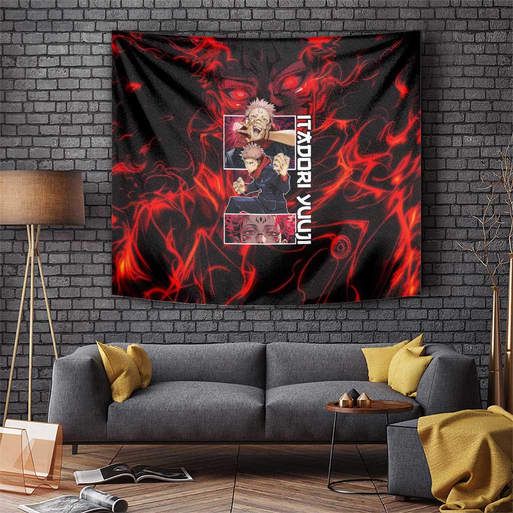 Sukuna And Itadori Yuji Jujutsu Kaisen Tapestry With Red Aura Energy