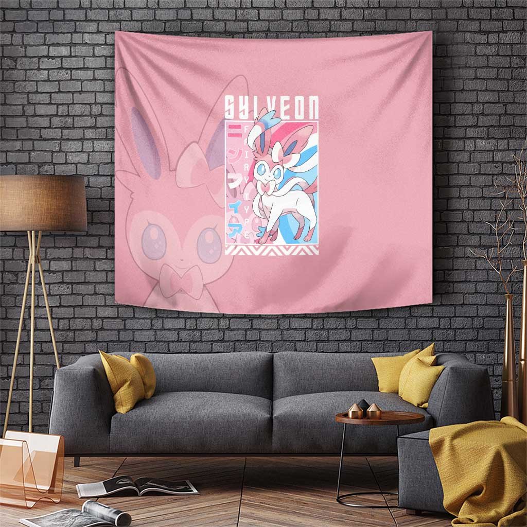 Sylveon Poke Tapestry With Pastel Pink And Japanese Text Design