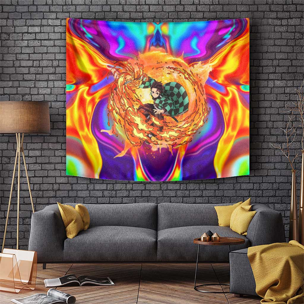Tanjiro Demon Slayer Tapestry With Blazing Flame Swirl Theme
