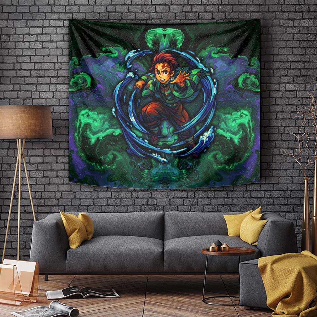 Tanjiro Kamado Demon Slayer Tapestry With Aqua Water Swirl And Emerald Galaxy Aura