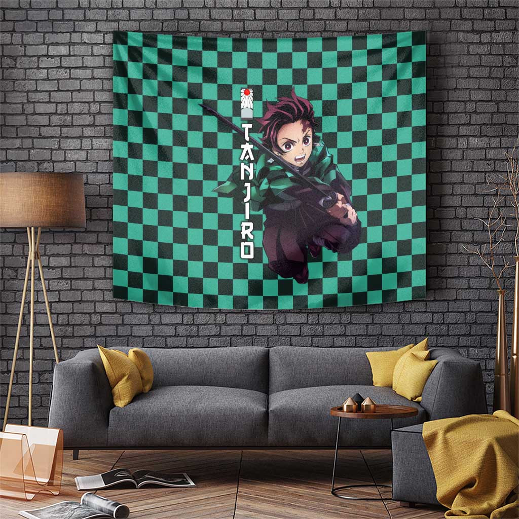Tanjiro Kamado Green Checkered Demon Slayer Tapestry Pattern Sword Pose