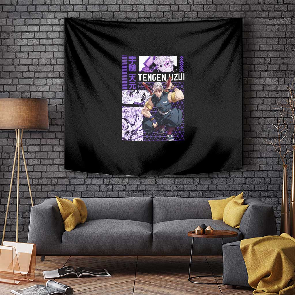 Tengen Uzui Demon Slayer Tapestry With Bold Purple Sound Hashira Layout