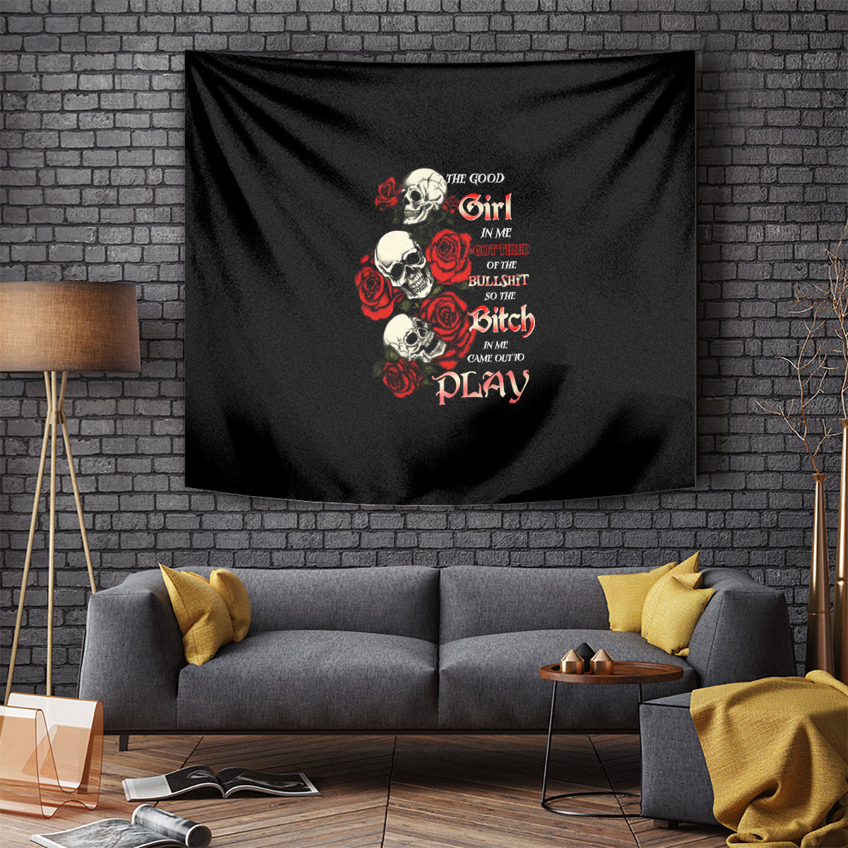 The Good Girl In Me 3 Skulls Rose Vintage Tapestry