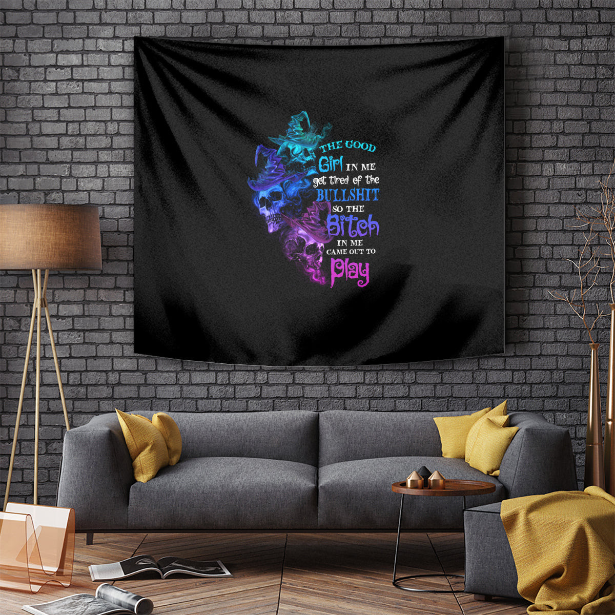 The Good Girl In Me Got Tired Skull Witch Halloween Tapestry