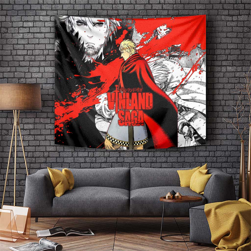 Thorfinn Vinland Saga Red Cloak Tapestry With Manga Art And Blood Brushstroke Design