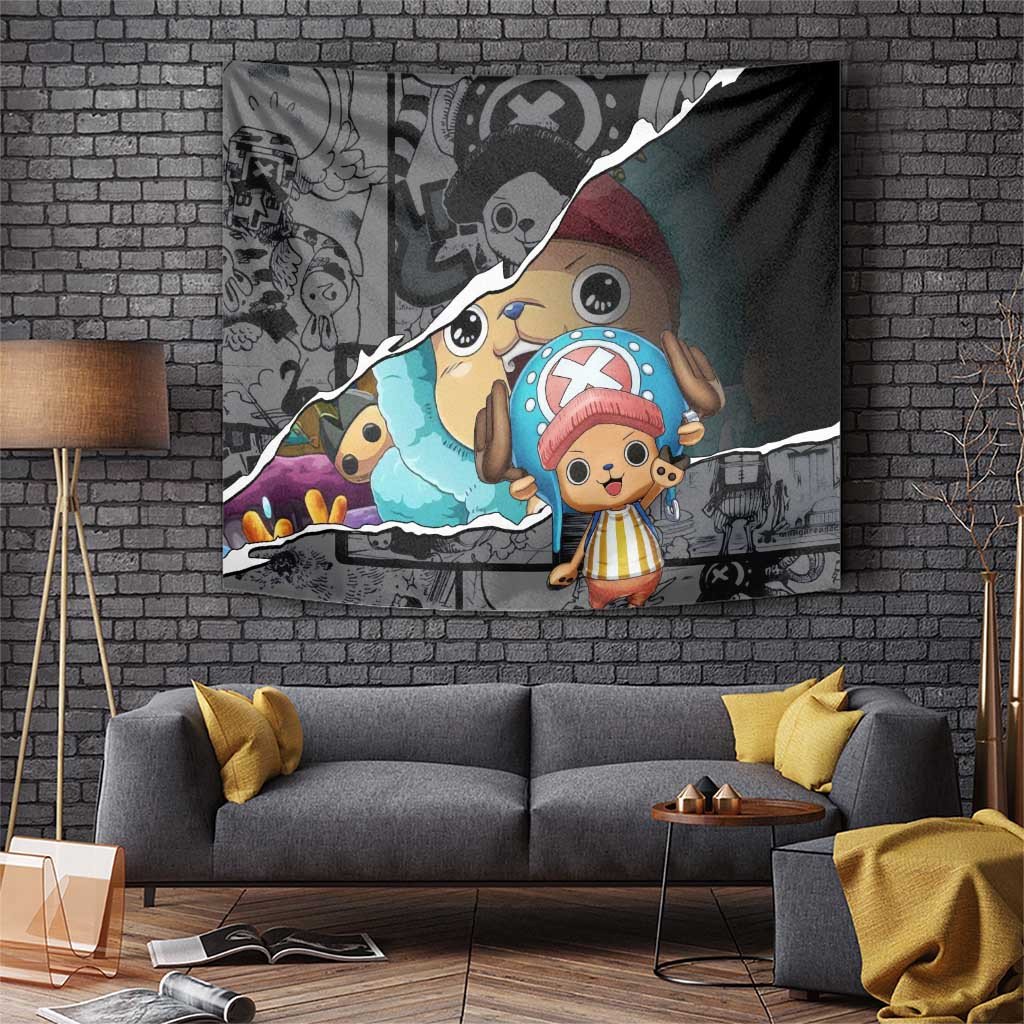 Tony Tony Chopper One Piece Tapestry With Manga Collage Background And Cyan Lettering
