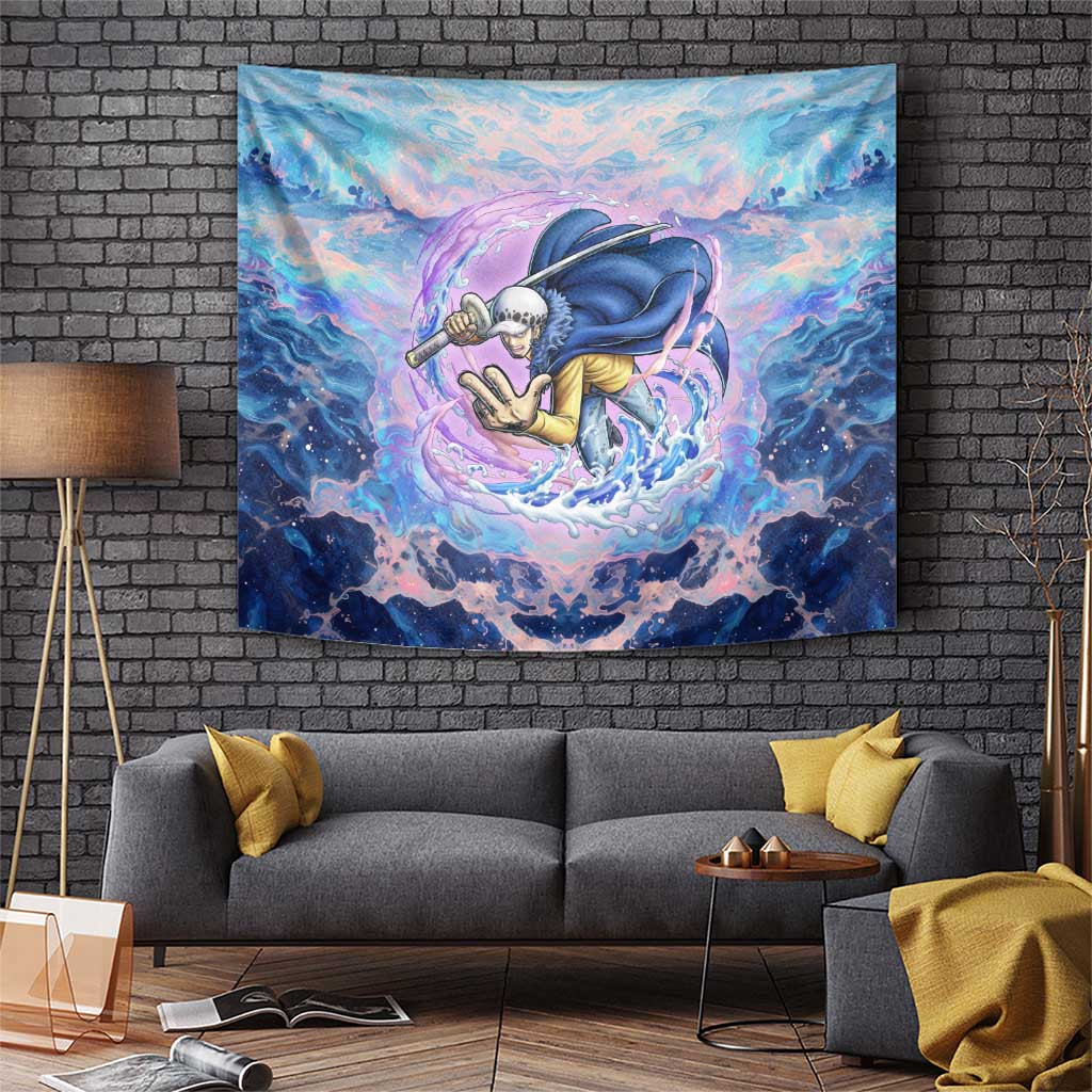 Trafalgar D Water Law One Piece Tapestry With Colorful Ocean Sky Background