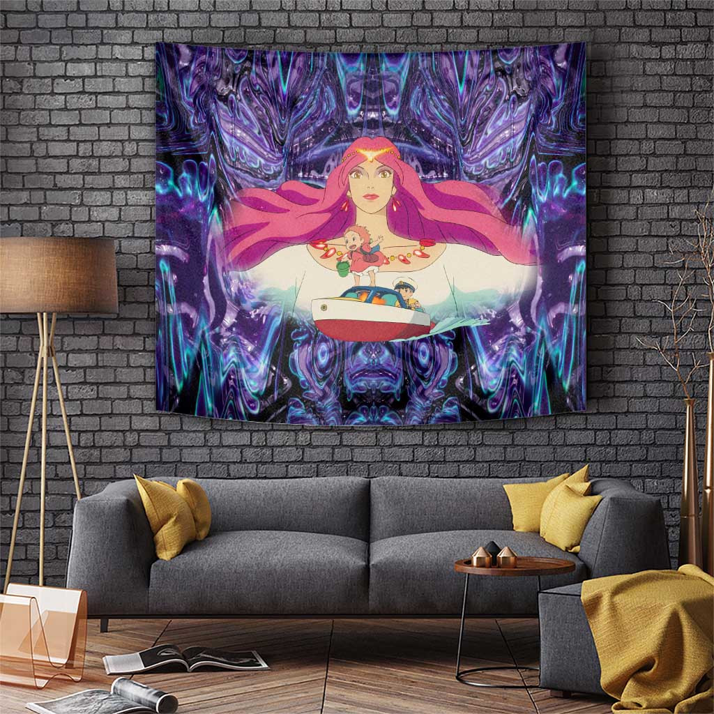 Trippy Ponyo Tapestry Inspired Design With Ocean Goddess And Boat Scene