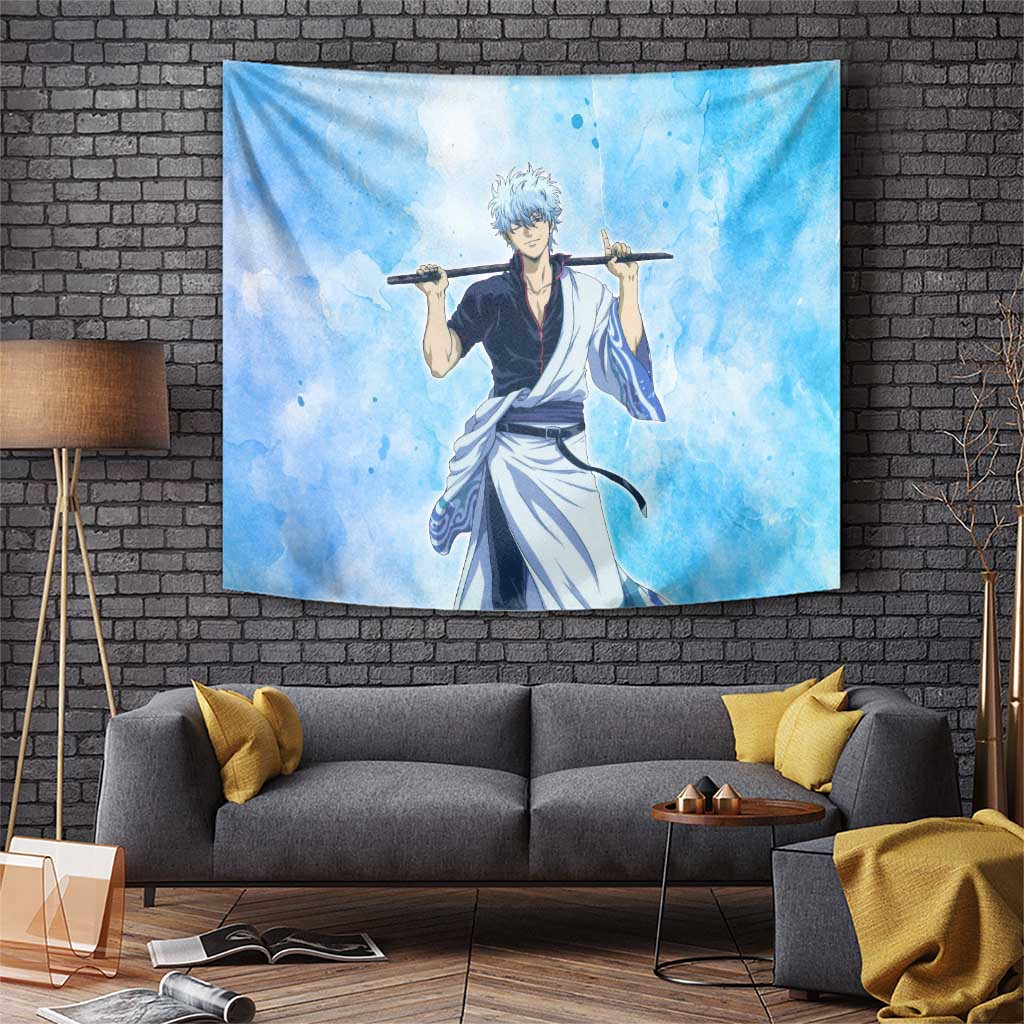 Trippy Sakata Gintoki Tapestry Gintama Anime Design With Blue Watercolor Background