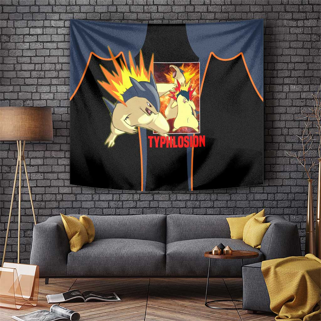 Typhlosion Dark Blue Anime Tapestry With Flame Burst Graphic And Fire Type Theme
