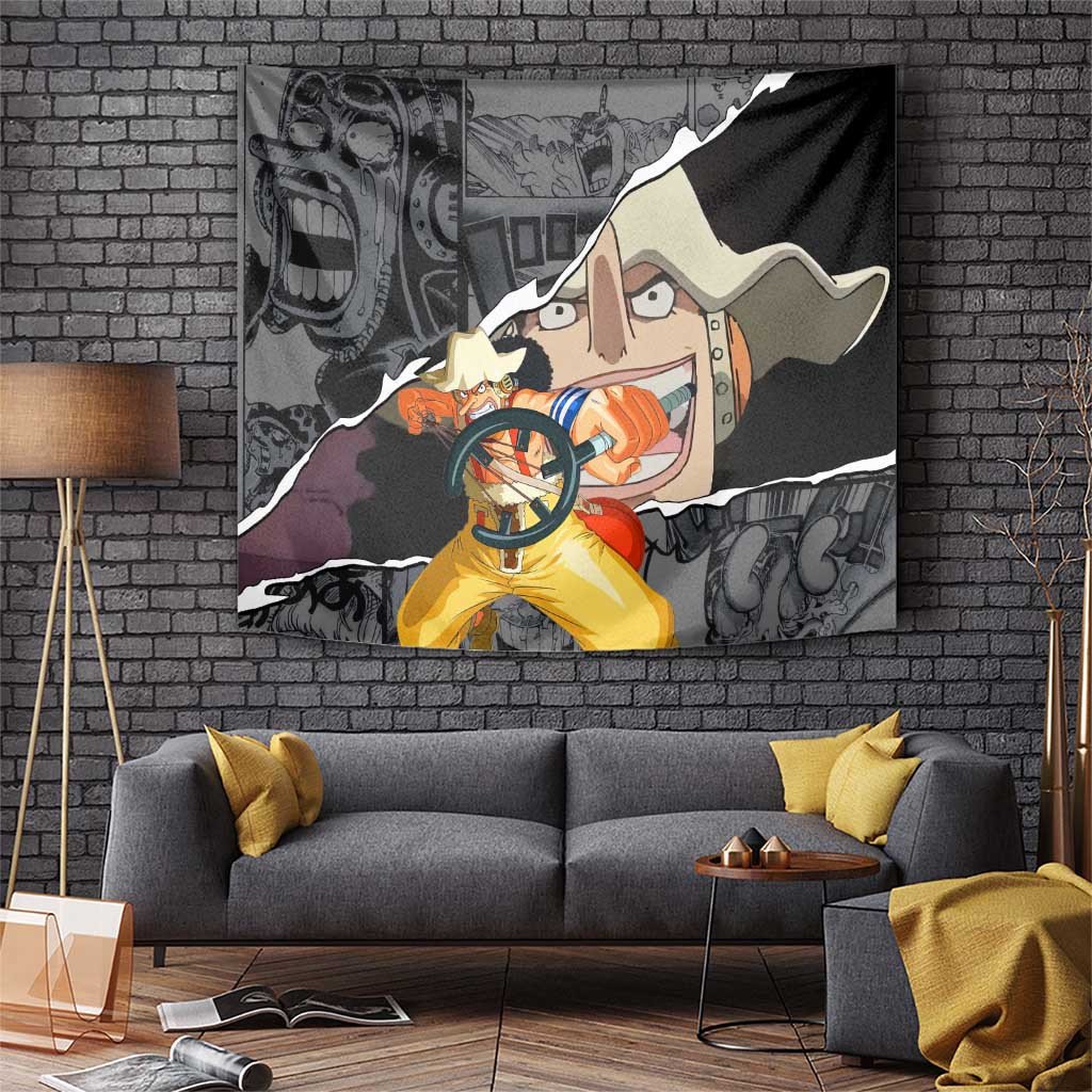 Usopp One Piece Tapestry With Manga Collage Background And Gold Lettering
