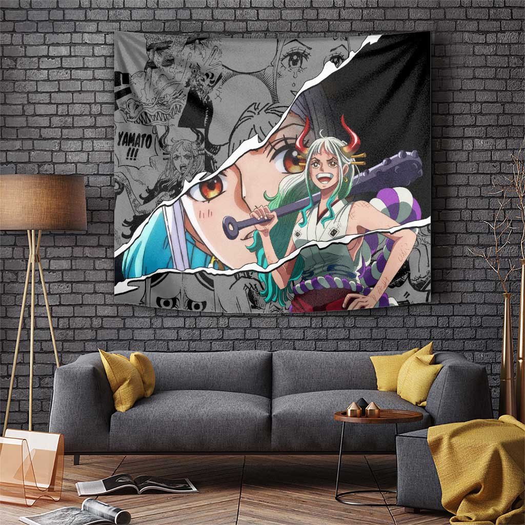 Yamato One Piece Tapestry With Manga Background And Vibrant Oni Horn Detail