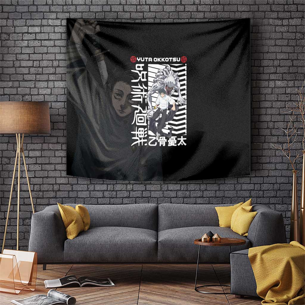 Yuta Okkotsu Tapestry With Cursed Spirit And Japanese Calligraphy Black And White
