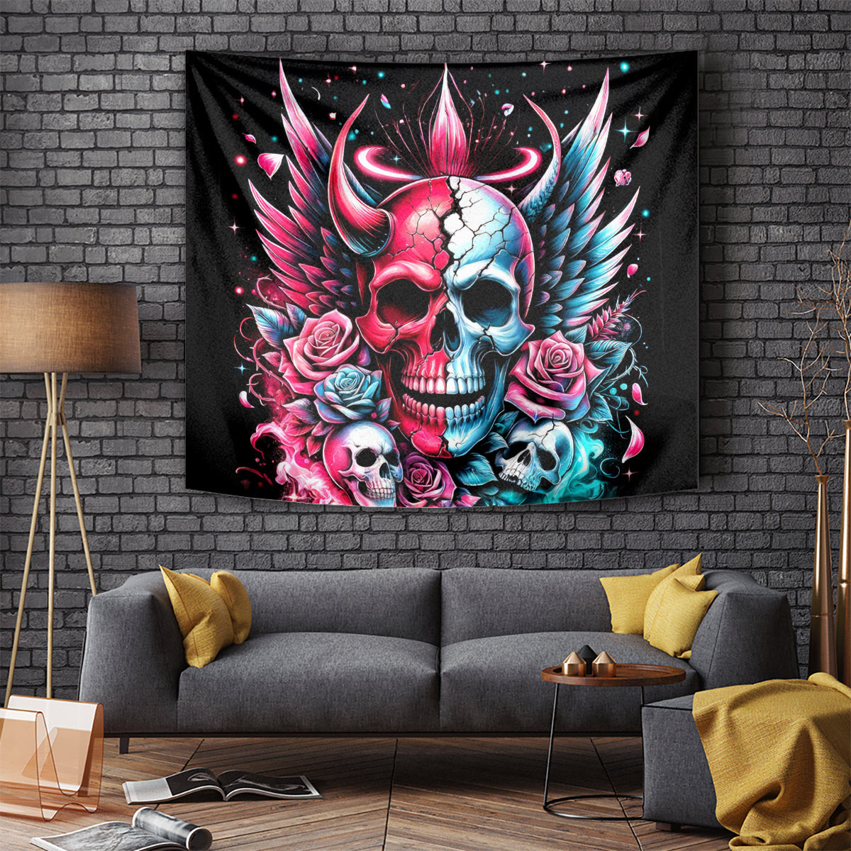 Couple Skull Tapestry She Was And Angel Craving Chaos Demon Seeking Peace Dt01