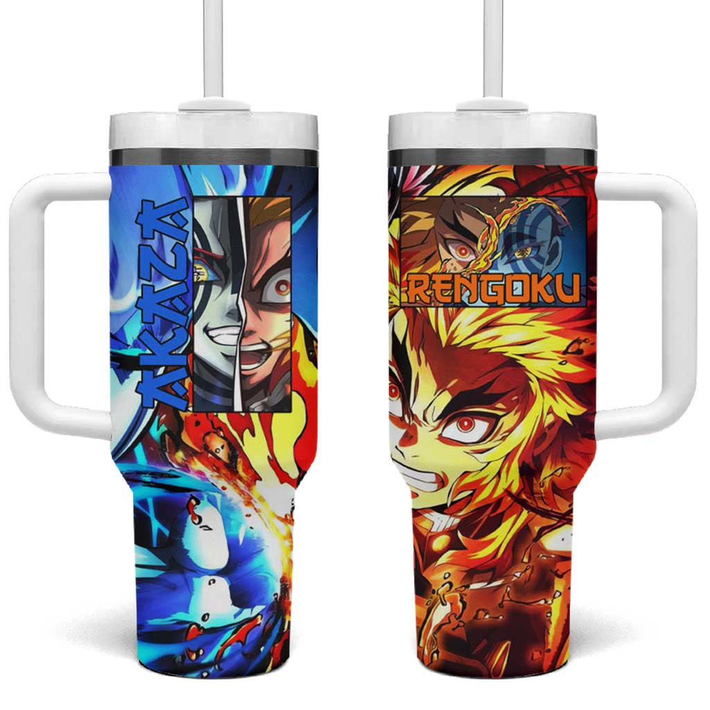 Akaza And Rengoku Flame Hashira Showdown Tumbler With Handle With Black Wave Pattern