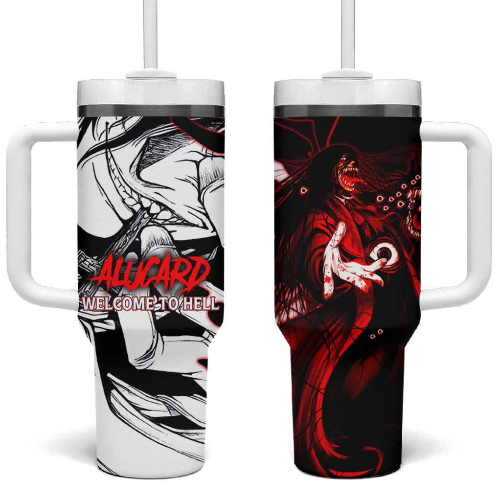 Alucard Hellsing Anime Tumbler With Handle With Gun Artwork And Welcome To Hell Graphic