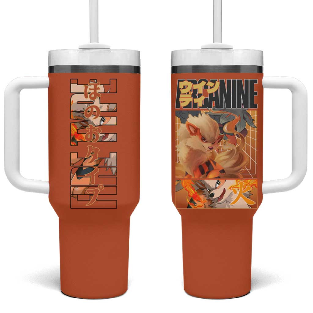 Arcanine Fire Type Graphic Tumbler With Handle With Japanese Text And Flame Design