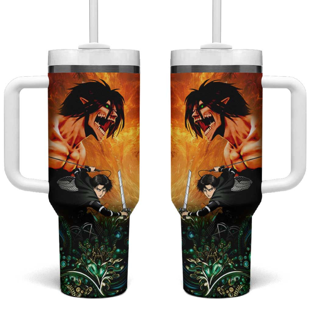 Attack On Titan Tumbler With Handle With Levi Ackerman And Titan Fire Design
