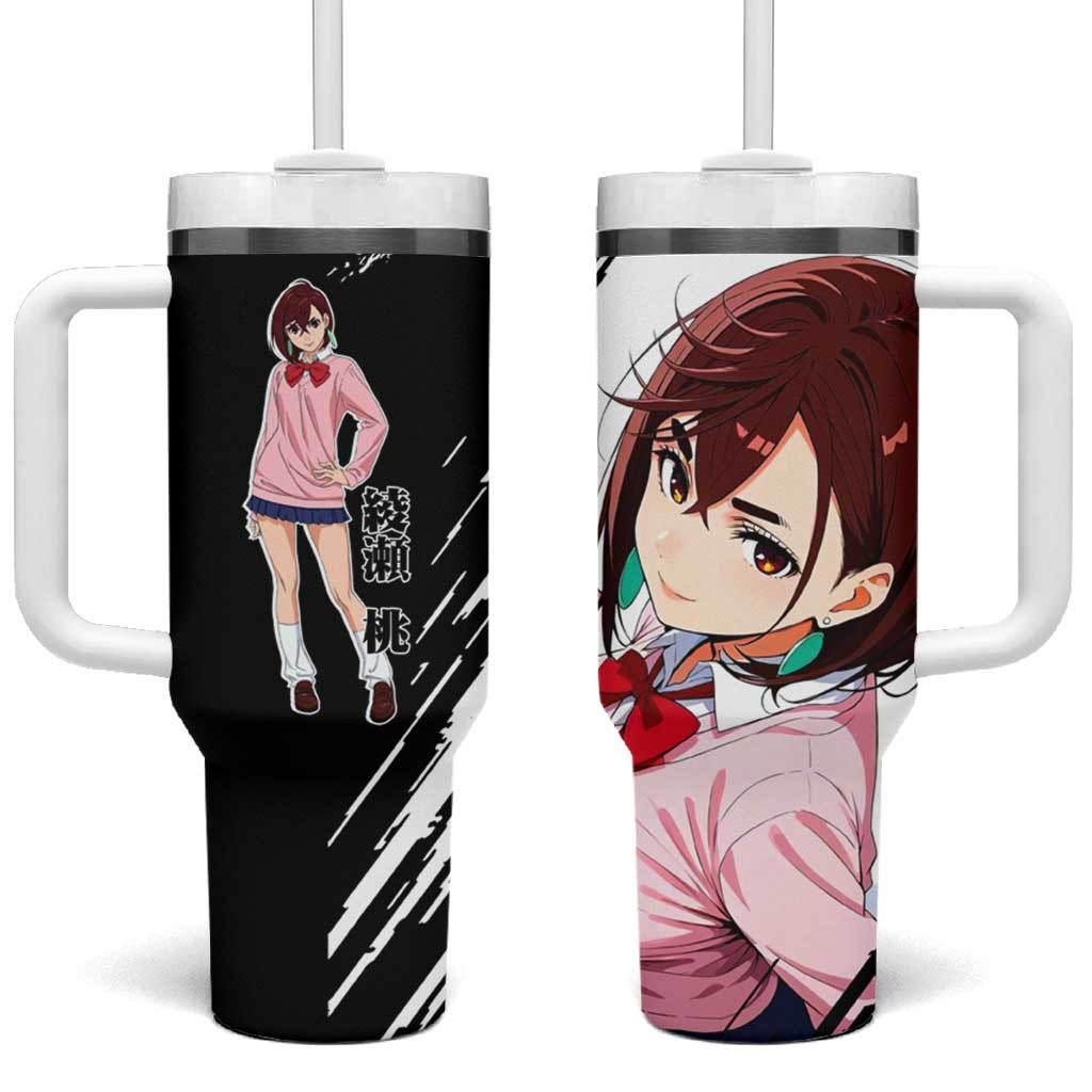 Ayase Momo Dandadan Tumbler With Handle With Pink School Uniform And Split Black White