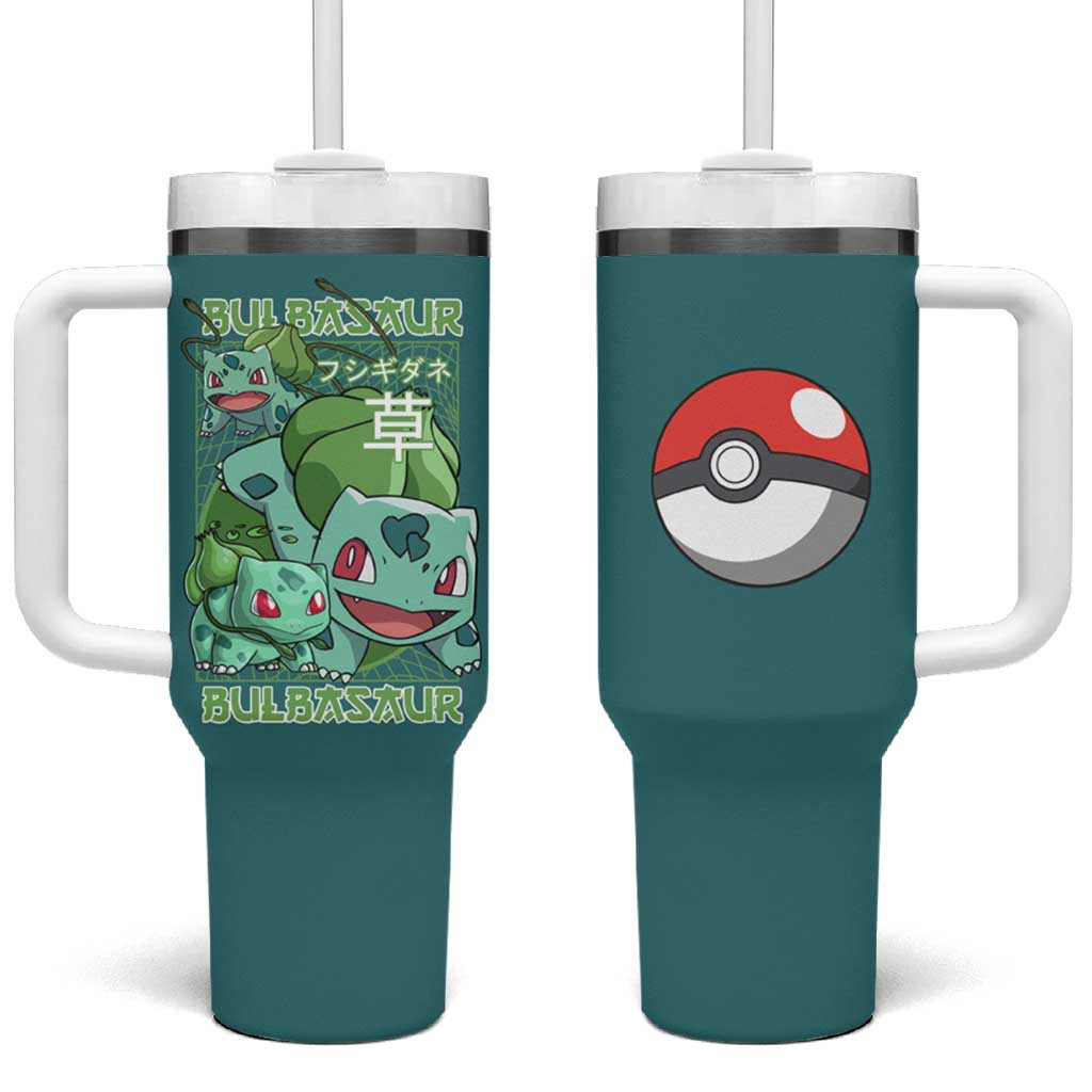 Bulbasaur Evolution Graphic Tumbler With Handle With Japanese Text And Leaf Design