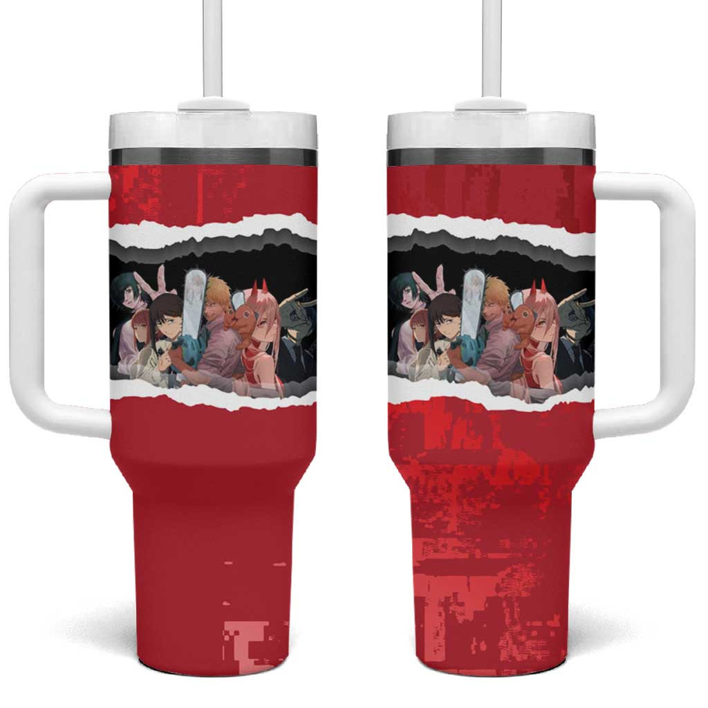 Chainsaw Man Team Ensemble Tumbler With Handle With Distressed Red Grunge Design