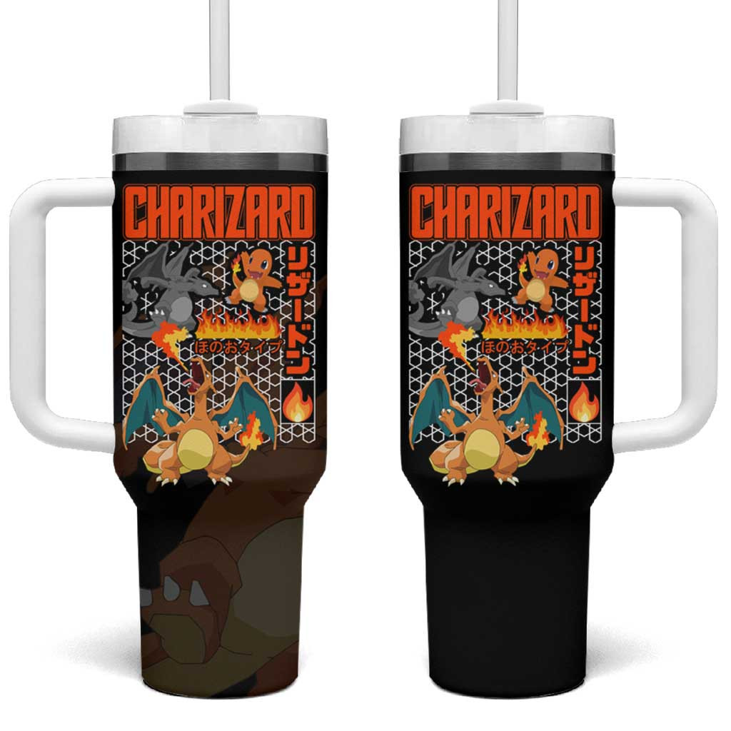 Charizard Poke Tumbler With Handle With Fire Evolution Black And Orange Flame Grid Style