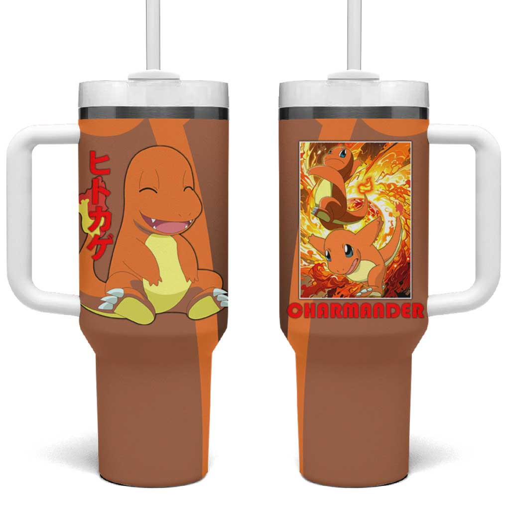 Charmander Fire Type Tumbler With Handle With Cute Expression And Flame Background Art