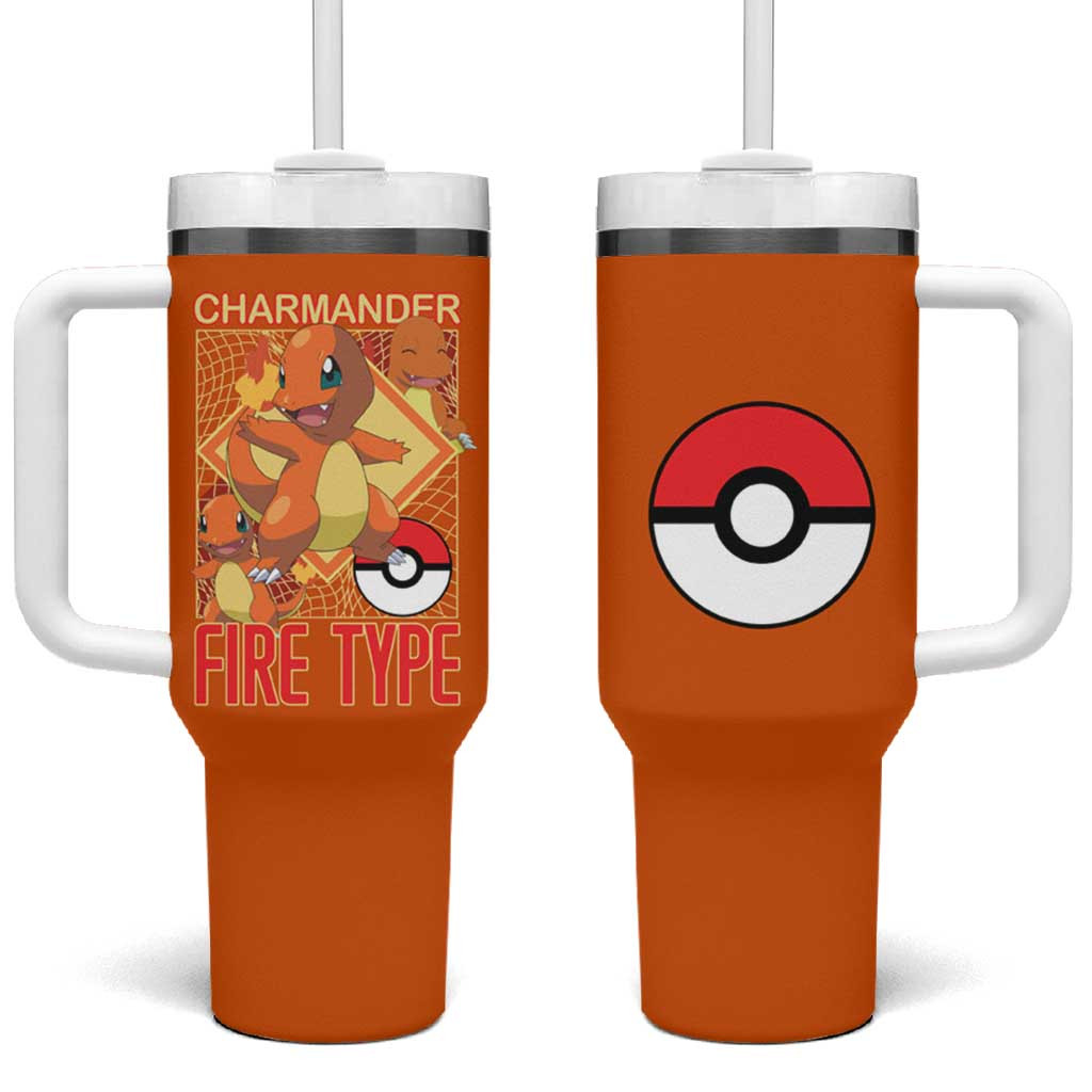 Charmander Tumbler With Handle Fire Type Flame Lizard Design With Pokeball Graphic