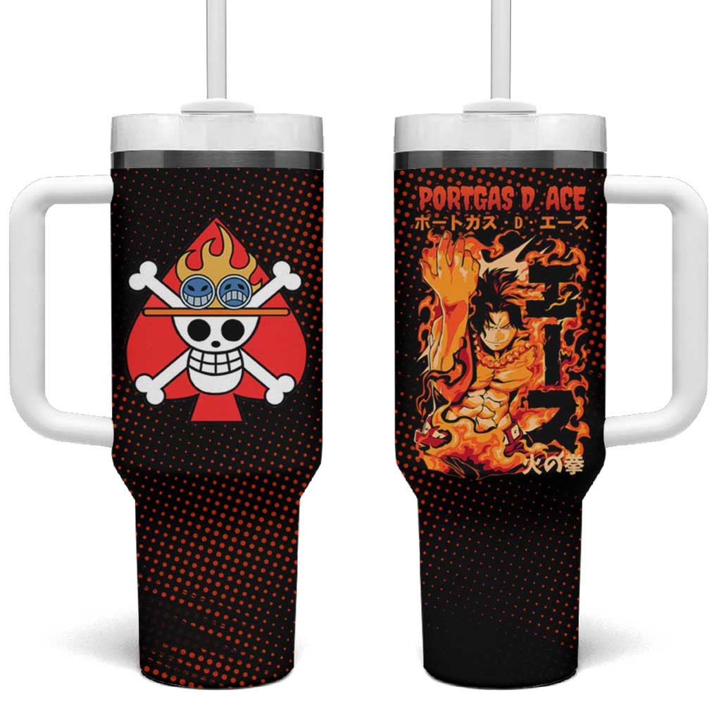 D Ace Tumbler With Handle With Fire Fist Anime Graphic In Black And Orange