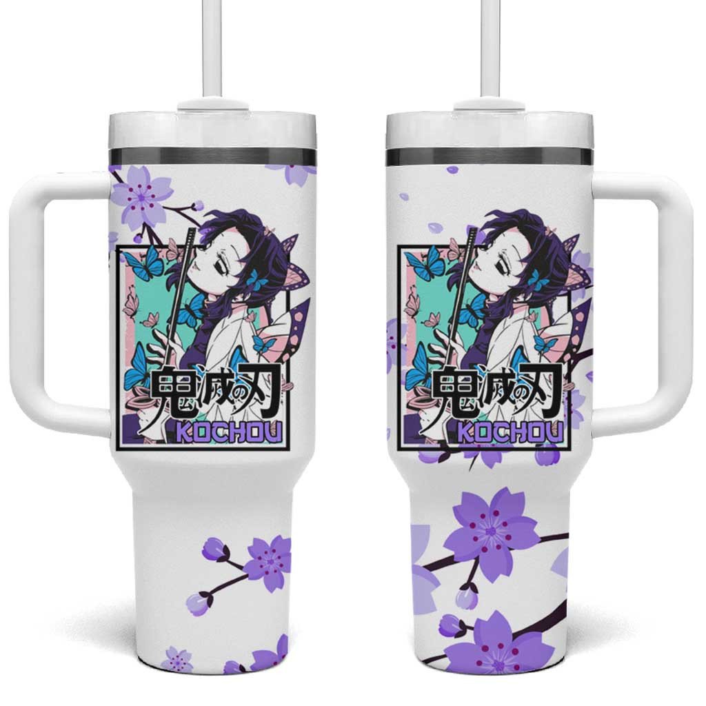 Demon Slayer Kocho Tumbler With Handle With Elegant Purple Blossom Design