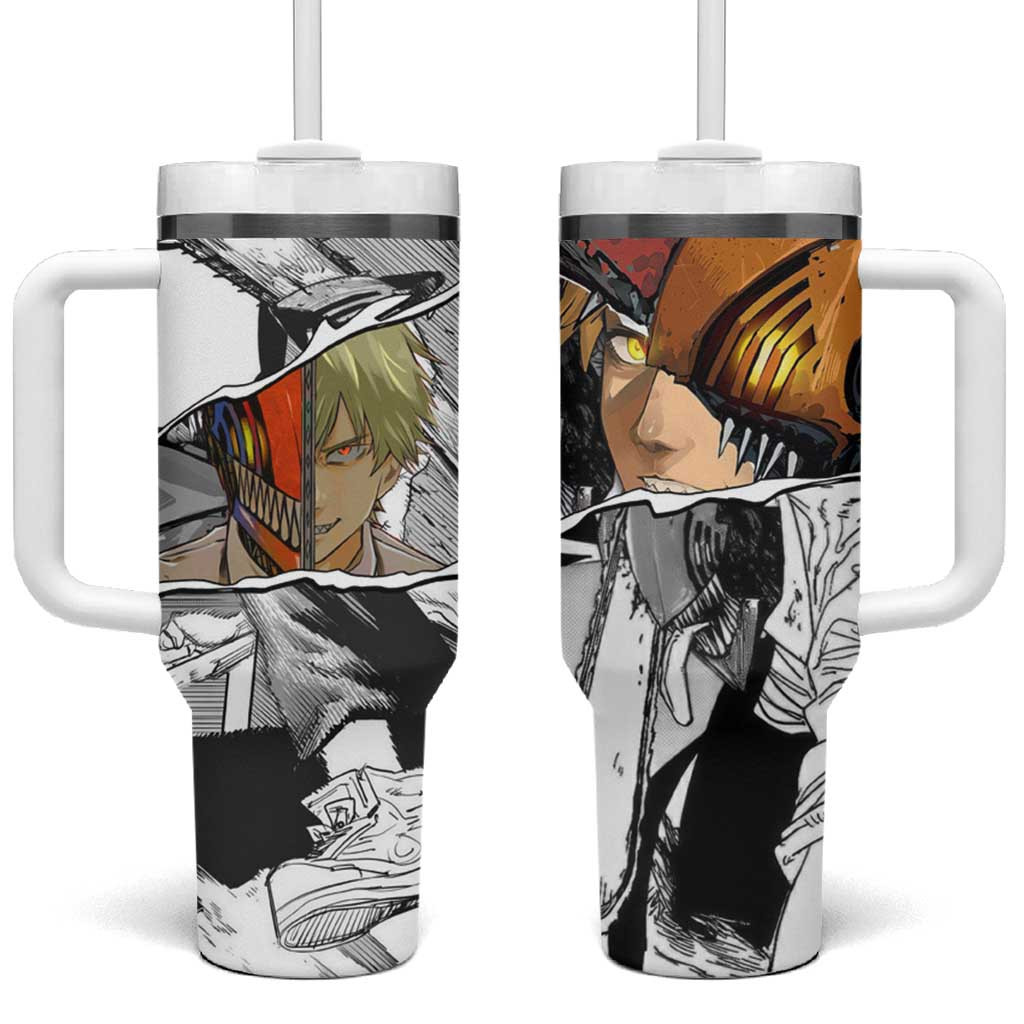 Denji Chainsaw Man Tumbler With Handle With Manga Collage Split Face Blood Spray
