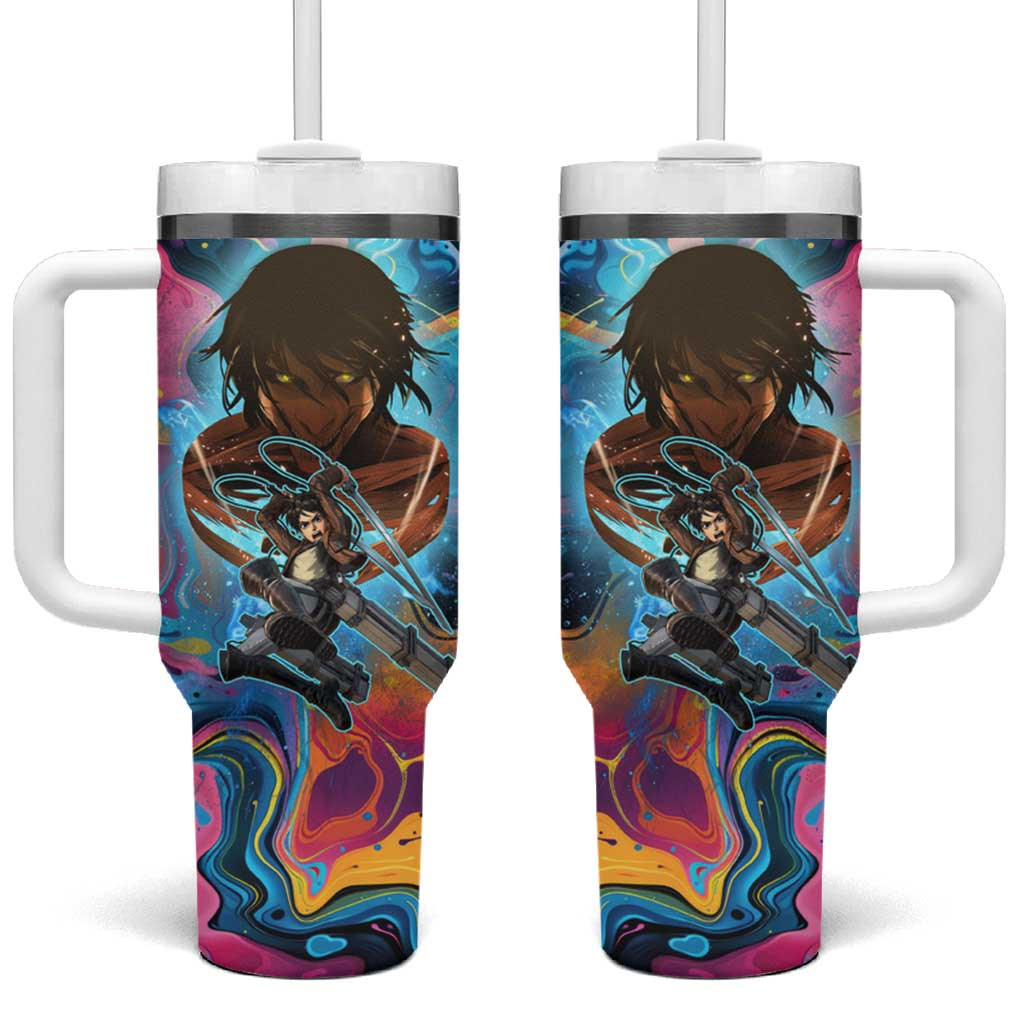 Eren Yeager Attack On Titan Tumbler With Handle With Cosmic Titan Battle Splash