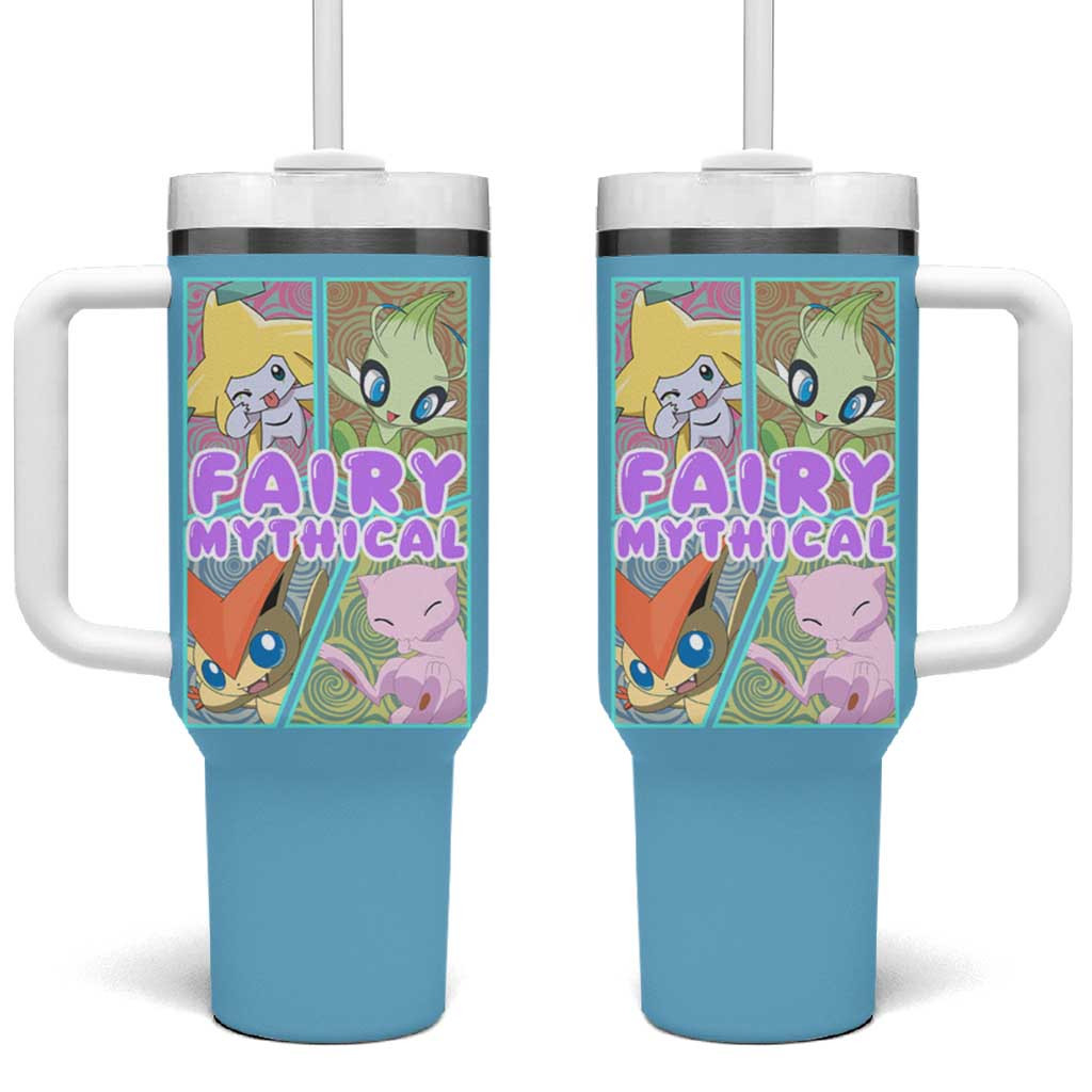Fairy Mythical Poke Blue Tumbler With Handle With Green Sleeves And Pokeball Logo