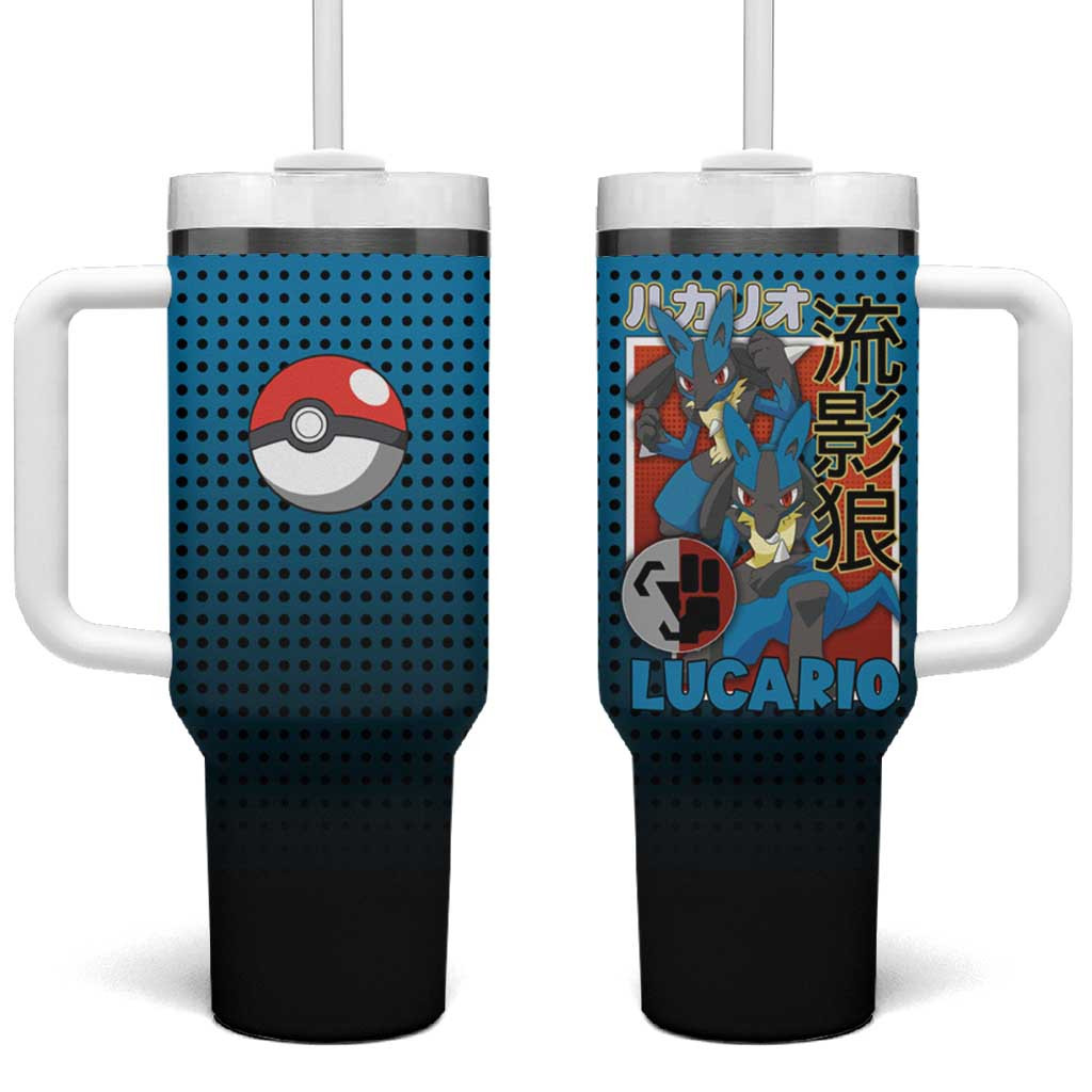 Featuring Lucario Character Tumbler With Handle With Japanese Text And Pokeball Accents