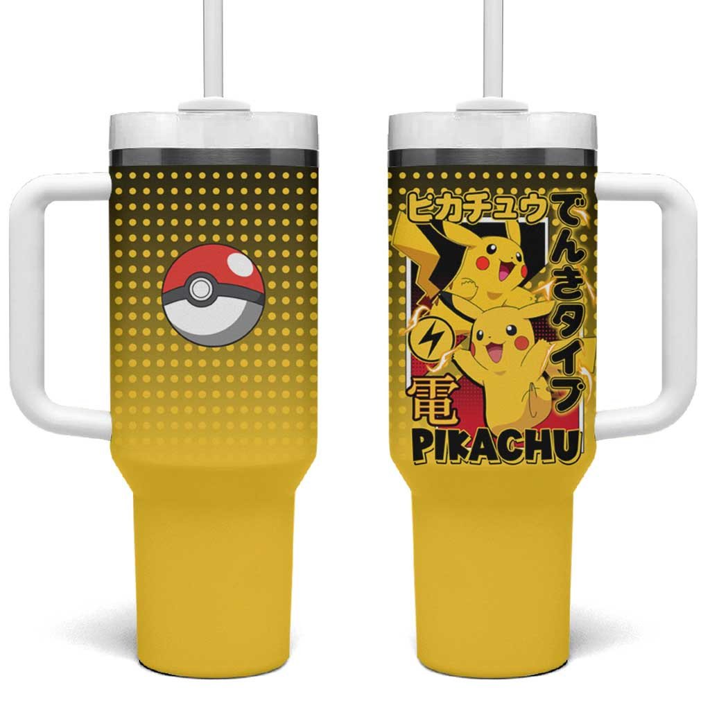 Featuring Pikachu Character Tumbler With Handle With Japanese Text And Lightning Design