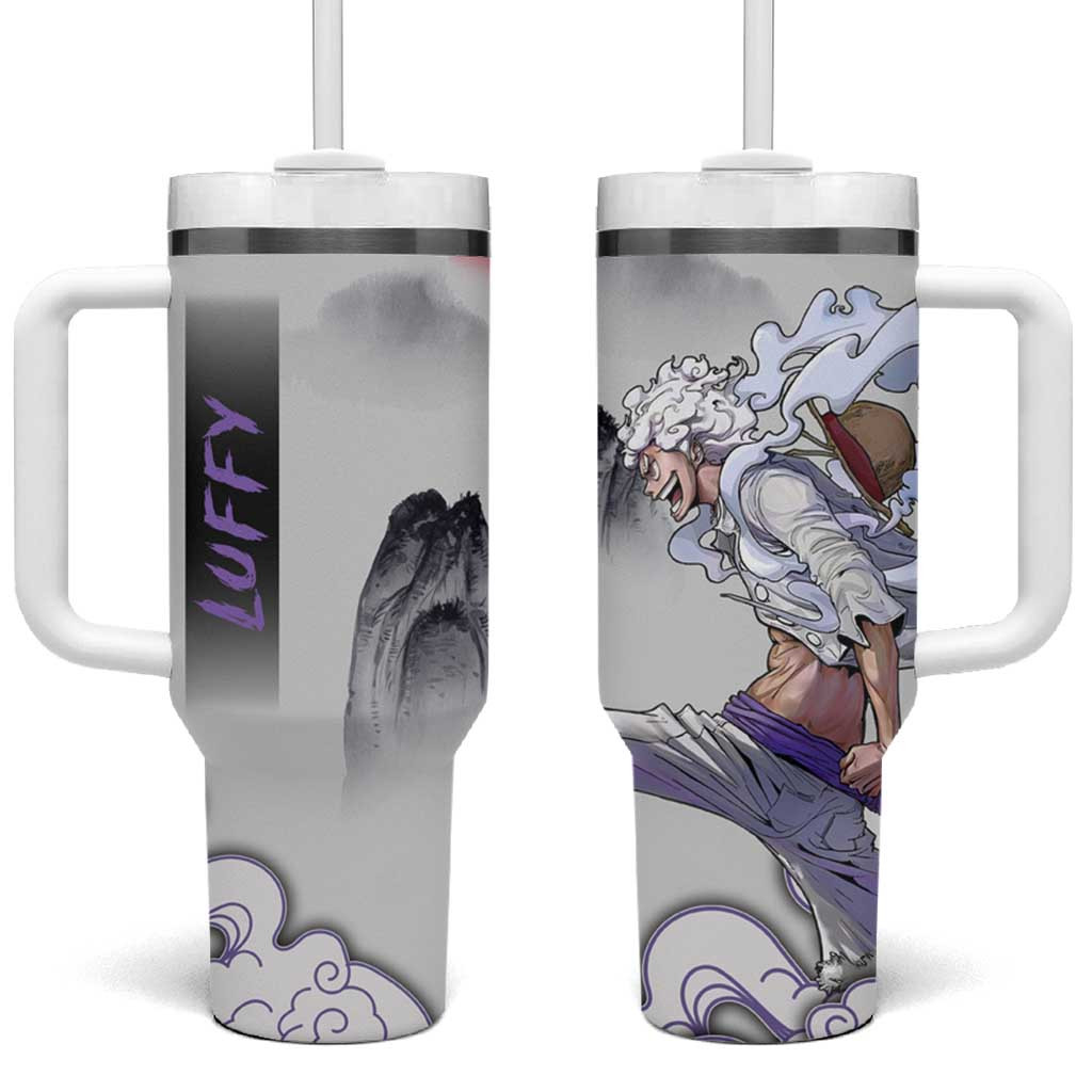 Gear 5 Luffy Anime Tumbler With Handle With Cloud And Red Sun Design