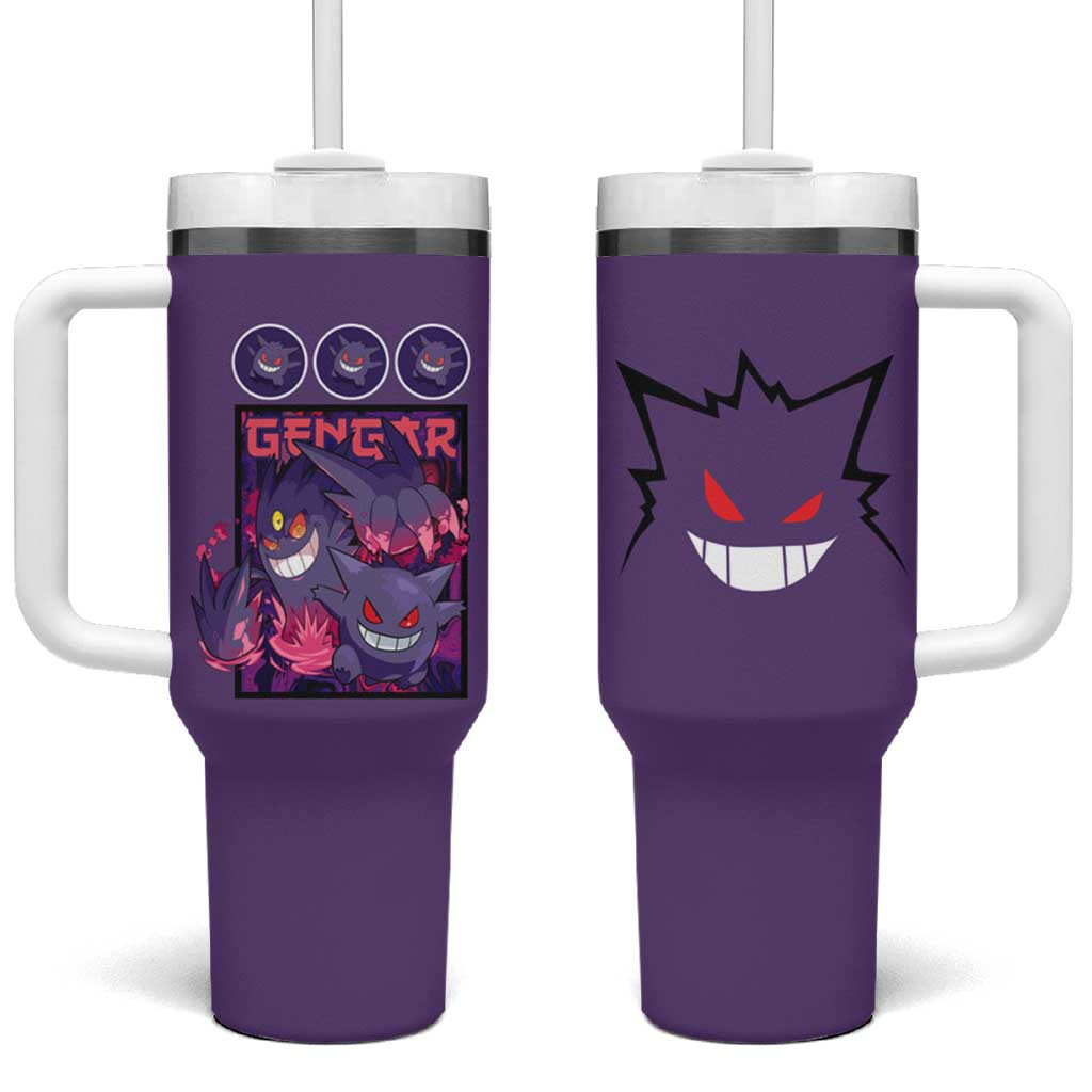 Gengar Ghost Tumbler With Handle With Purple Swirl Design And Smiling Faces