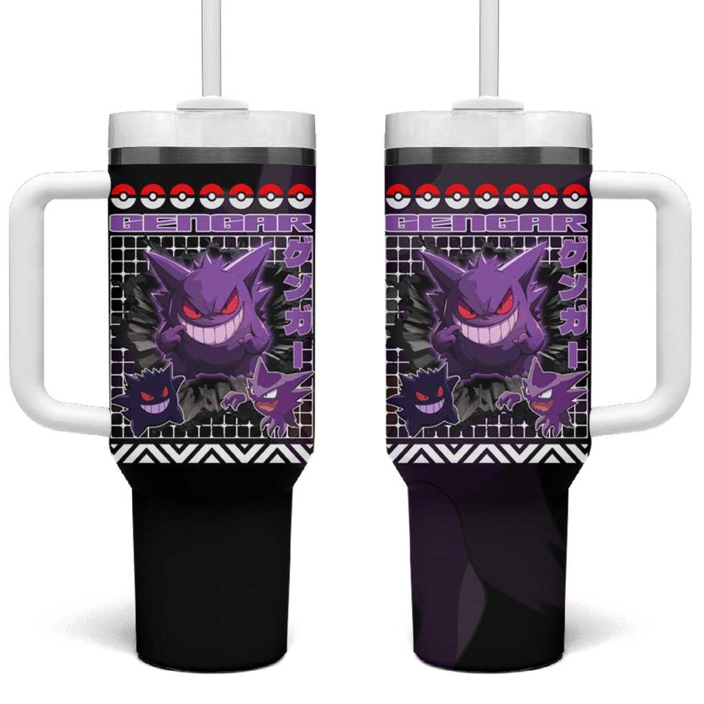 Gengar Poke Tumbler With Handle With Retro Black Ghost Grid Theme