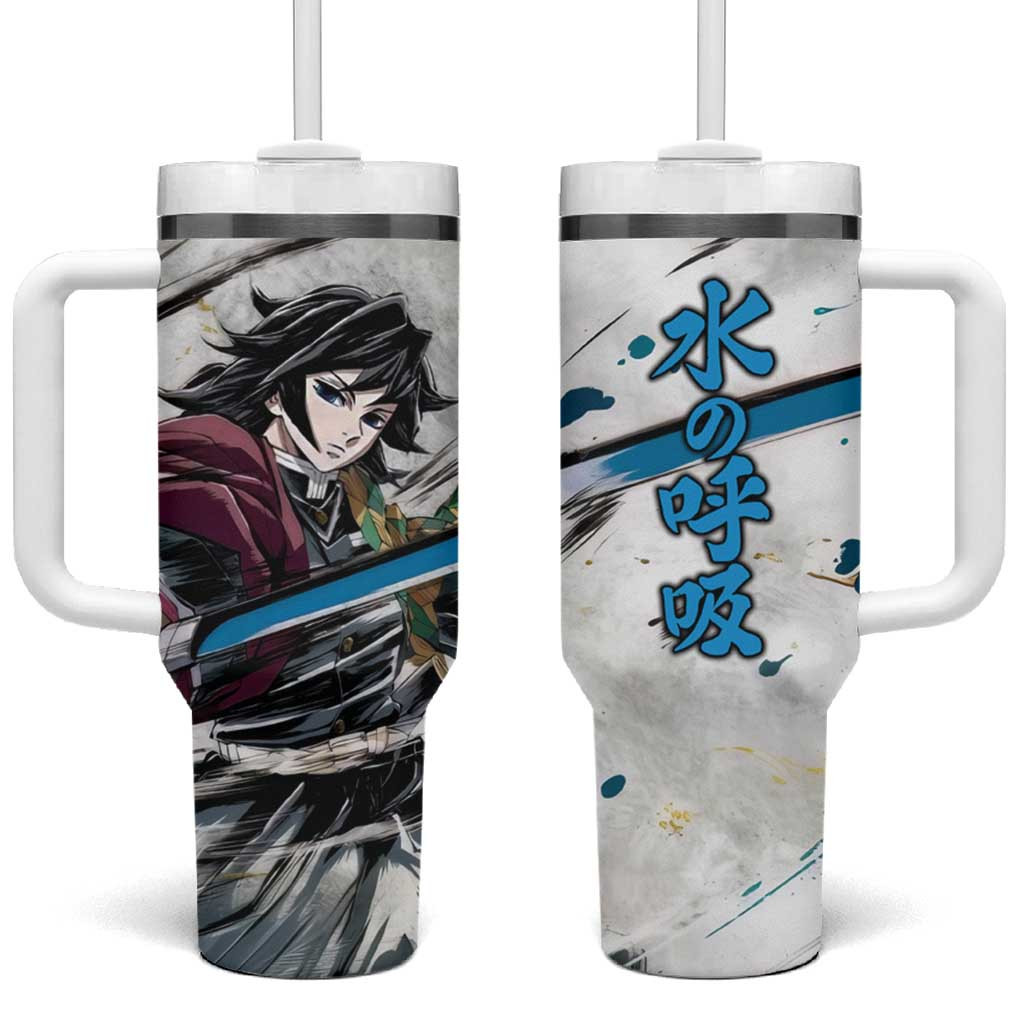 Giyu Tomioka Demon Slayer Tumbler With Handle With Water Hashira Blue Brushstroke Style