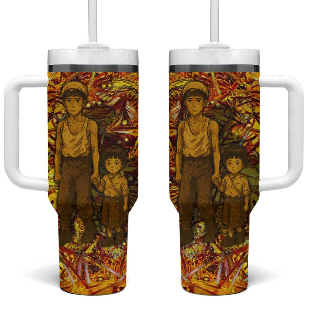 Grave Of The Fireflies Tumbler With Handle With Fiery Red Gold Warzone Grunge Effect