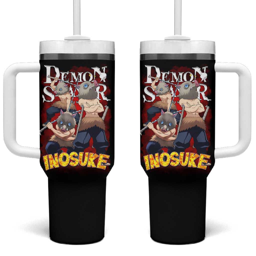 Inosuke Hashibira Demon Slayer Tumbler With Handle With Black White Boar Mask Theme