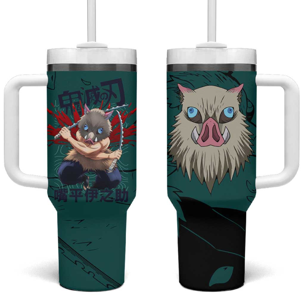 Inosuke Hashibira Demon Slayer Tumbler With Handle With Boar Mask And Dual Sword Design