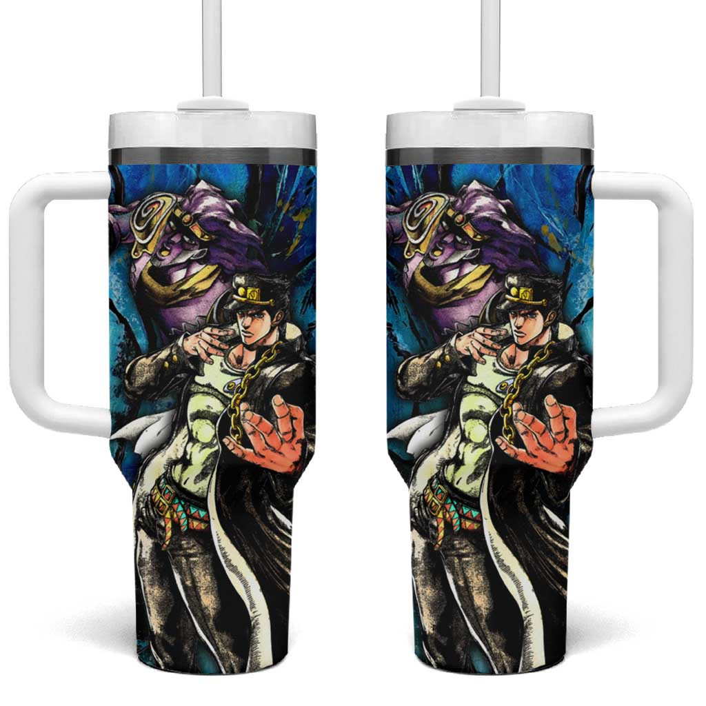 Jotaro Kujo Jojos Bizarre Adventure Tumbler With Handle With Bold Blue Aura Clash