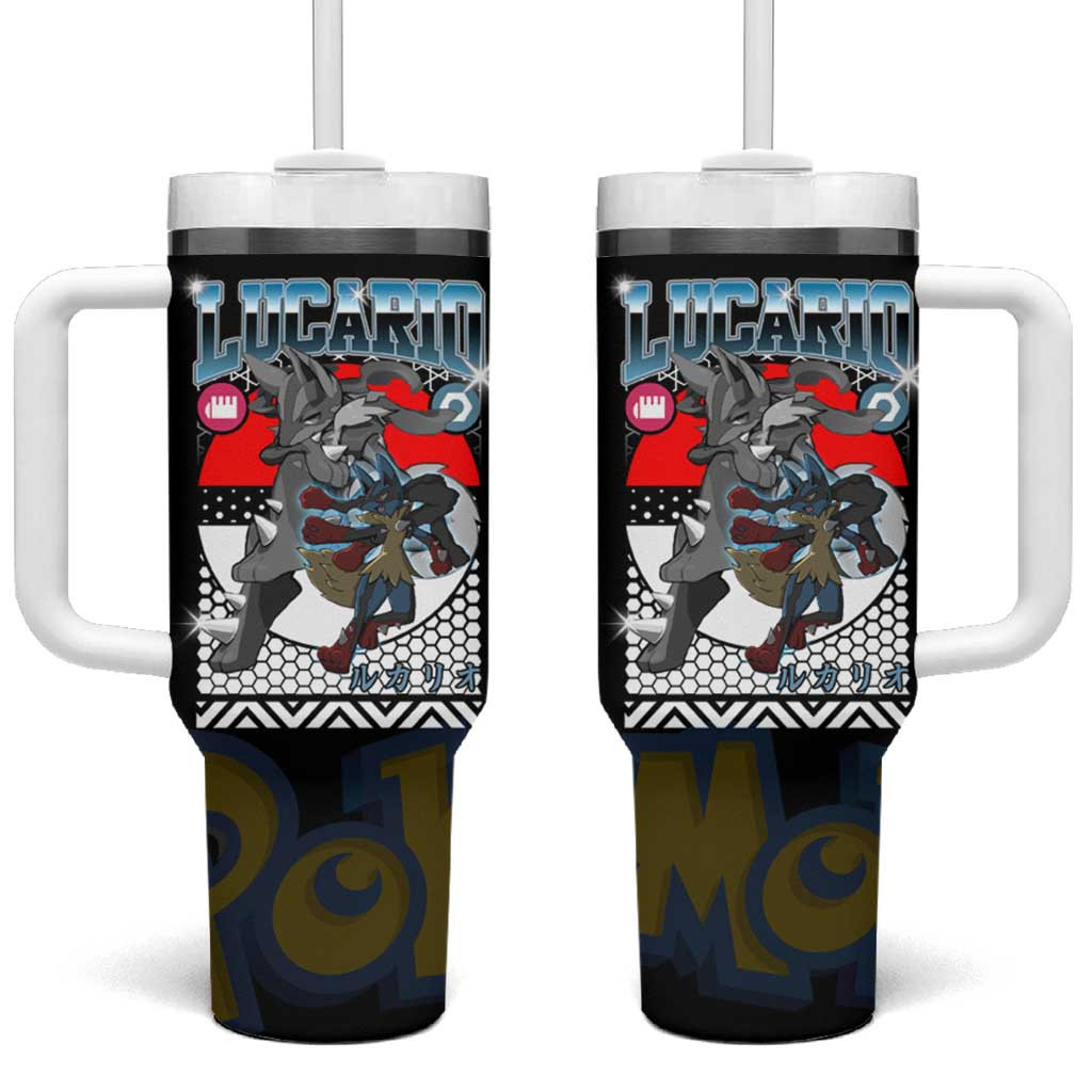 Lucario Poke Tumbler With Handle With Aura Sphere Power Black And Red Retro Grid Pattern
