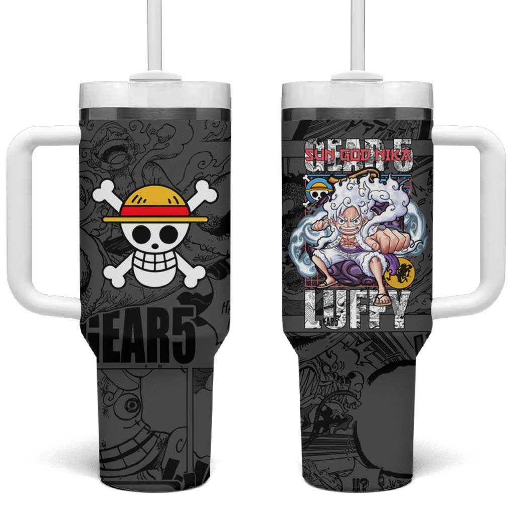 Luffy Gear 5 One Piece Tumbler With Handle With Manga Background And Straw Hat Emblems