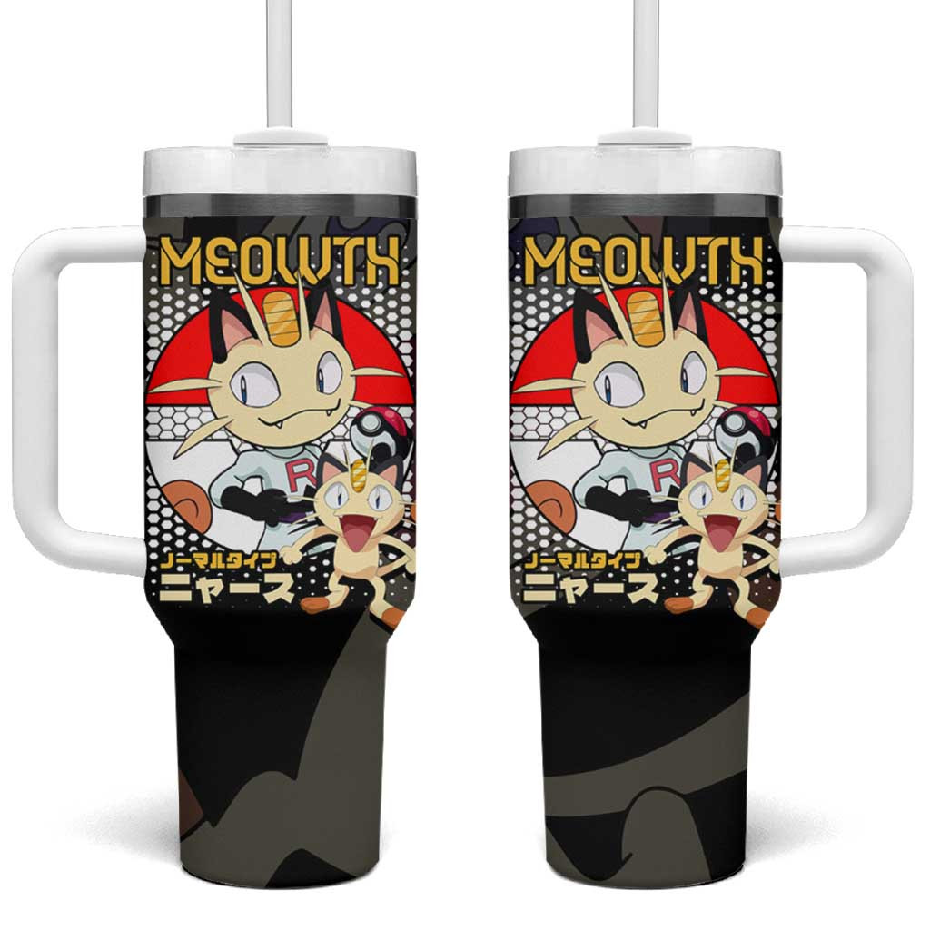 Meowth Poke Team Rocket Tumbler With Handle With Retro Black And Japanese Lettering