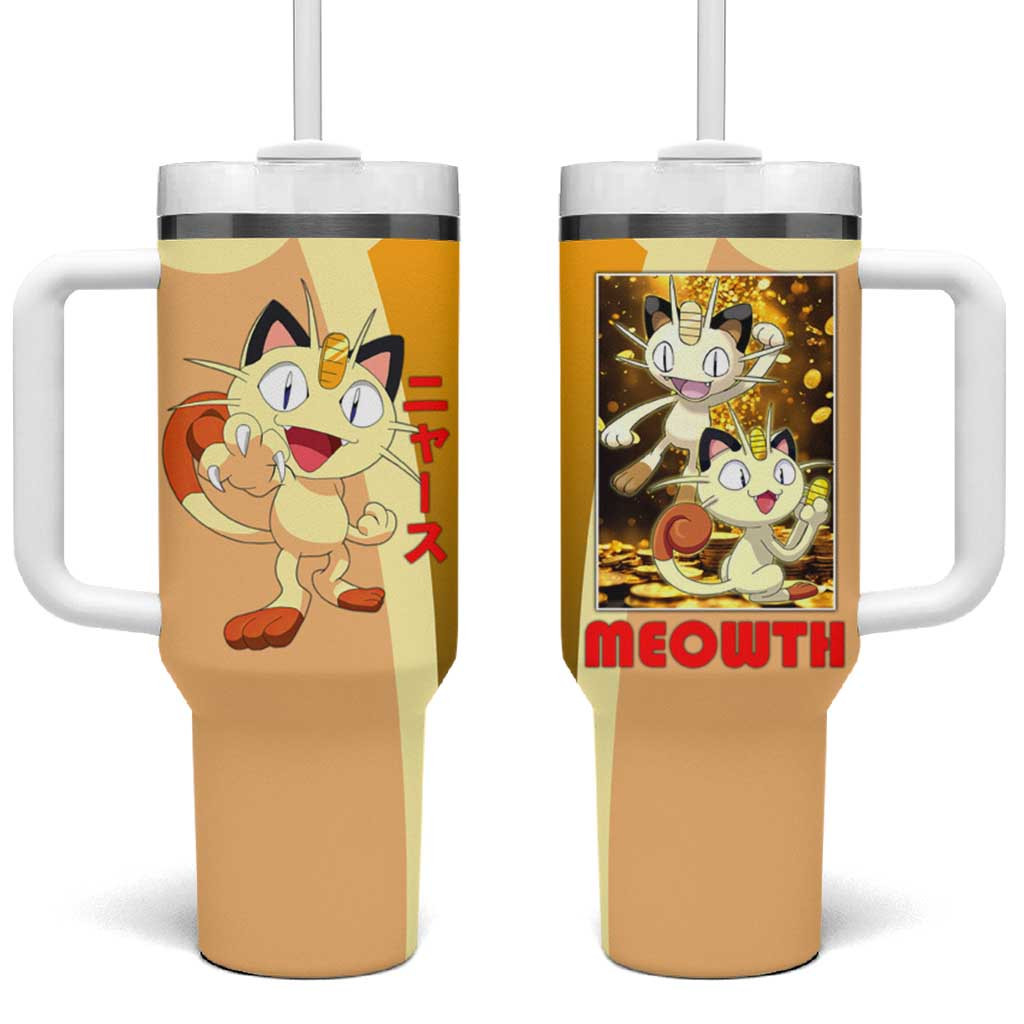Meowth Tumbler With Handle With Coin And Gold Theme Illustration