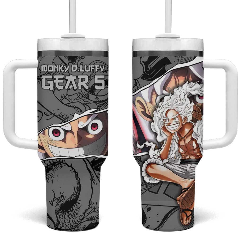 Monkey D Luffy Gear 5 Form Tumbler With Handle With Grinning Face And Smoke Swirl Design